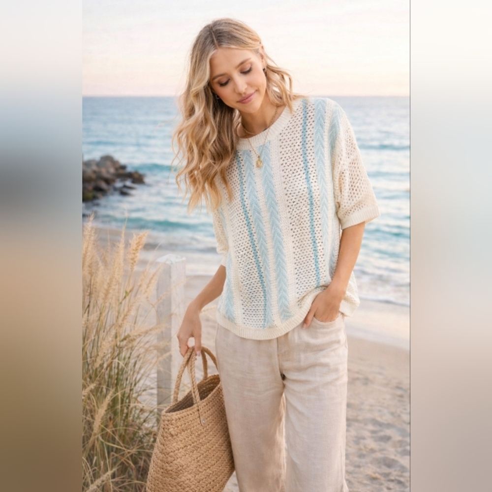 La Miel Coastal Knit Sweater Cream Blue Striped Oversized Lightweight Short Slee
